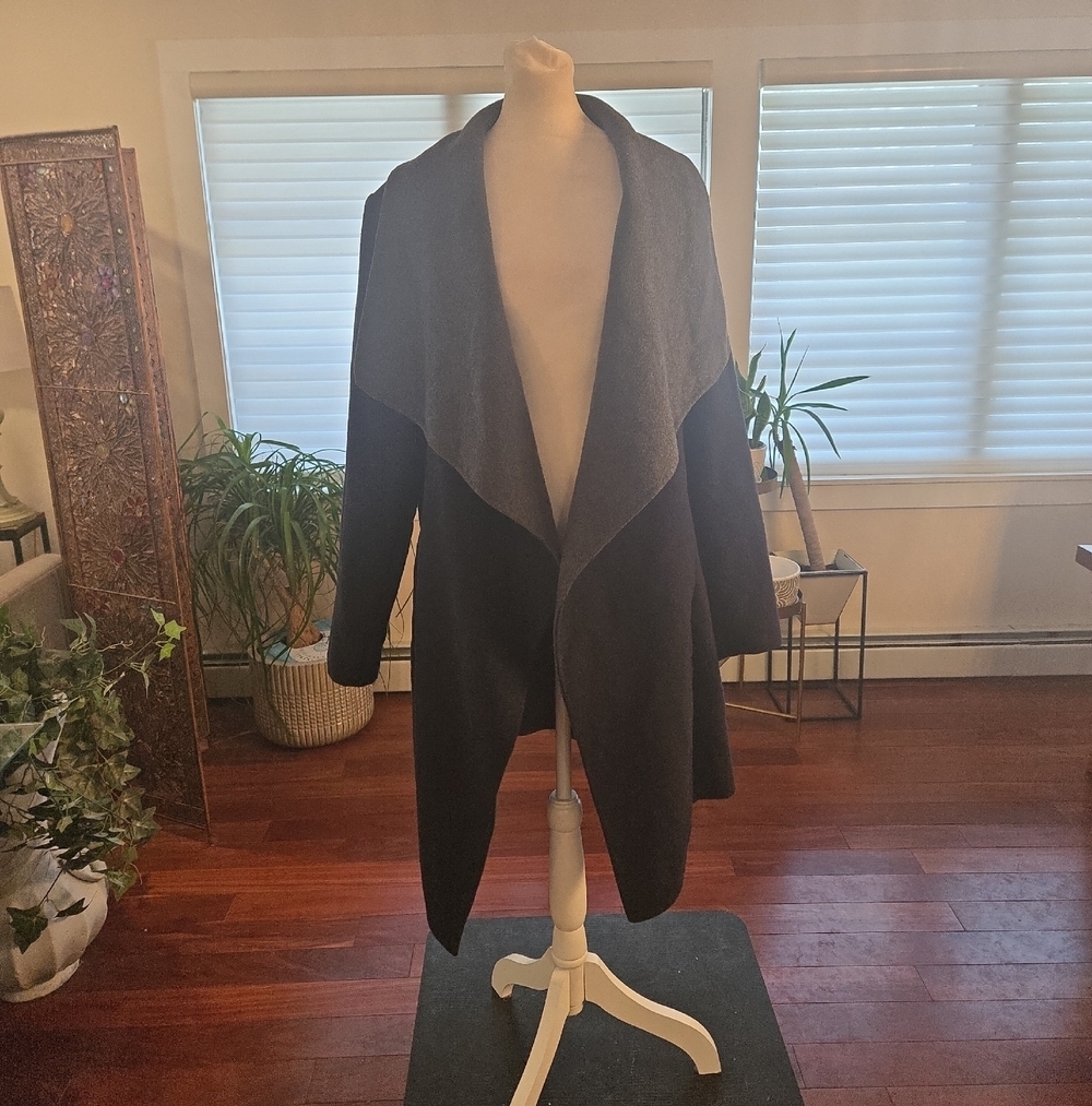 Michael Kors Dramatic Lapel Wool Blend Open Black Gray Cardigan Coat Women Large